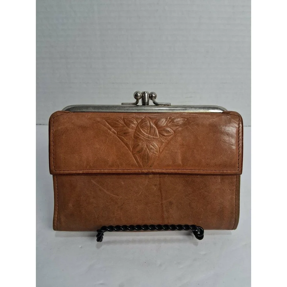 Vintage Rolfs Leather Embossed Floral Coin Kiss Lock Wallet Brown Tri Fold‎ READ